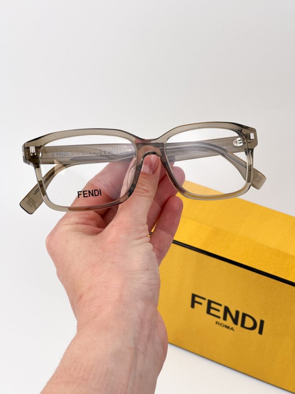 Fendi FE50030I 057 Rectangular Eyeglasses – Shiny Transparent Khaki